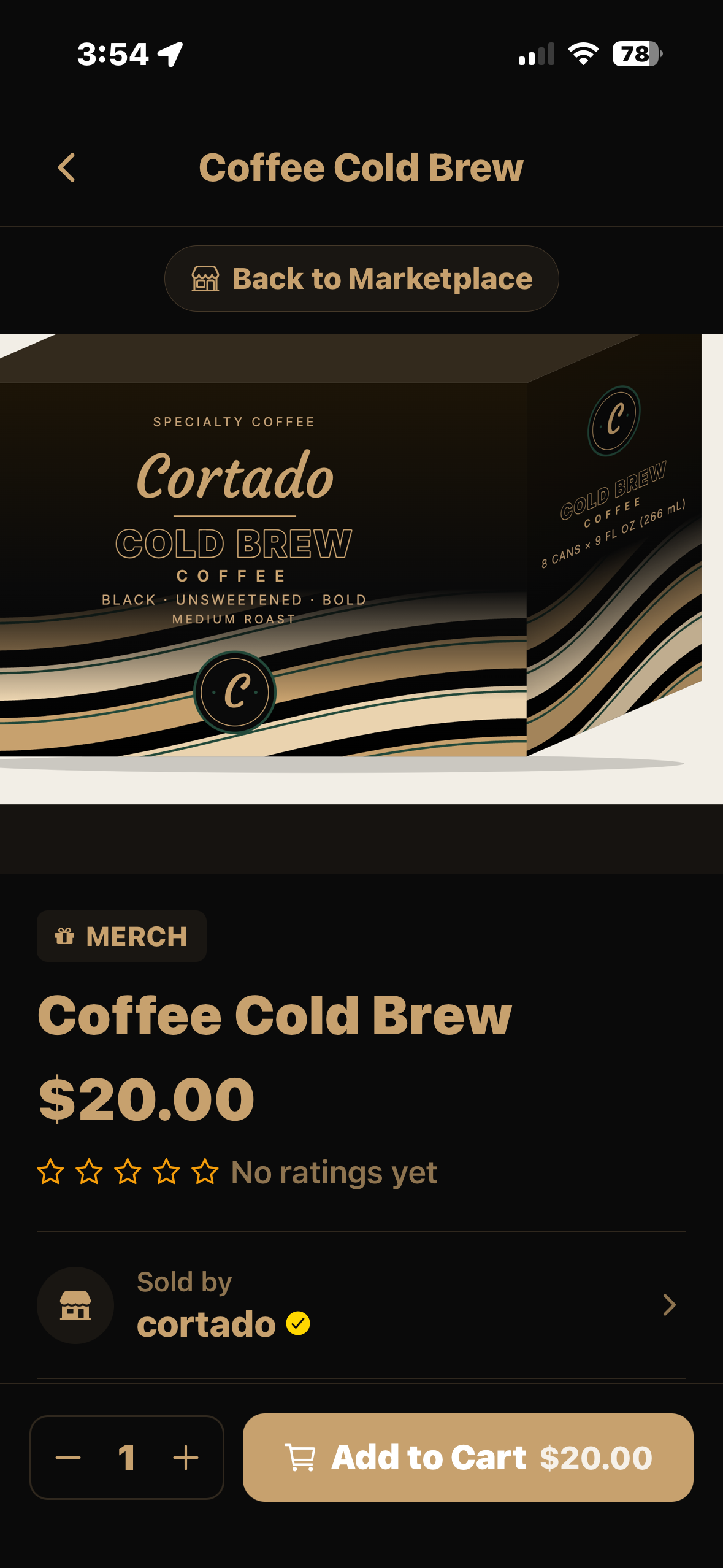 A coffee product listed on the Cortado Marketplace